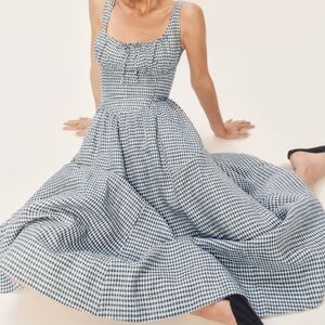 Reformation Balia Linen Dress Slate Check